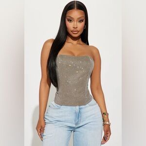 Rhinestone Glittery Strapless Top - Silver